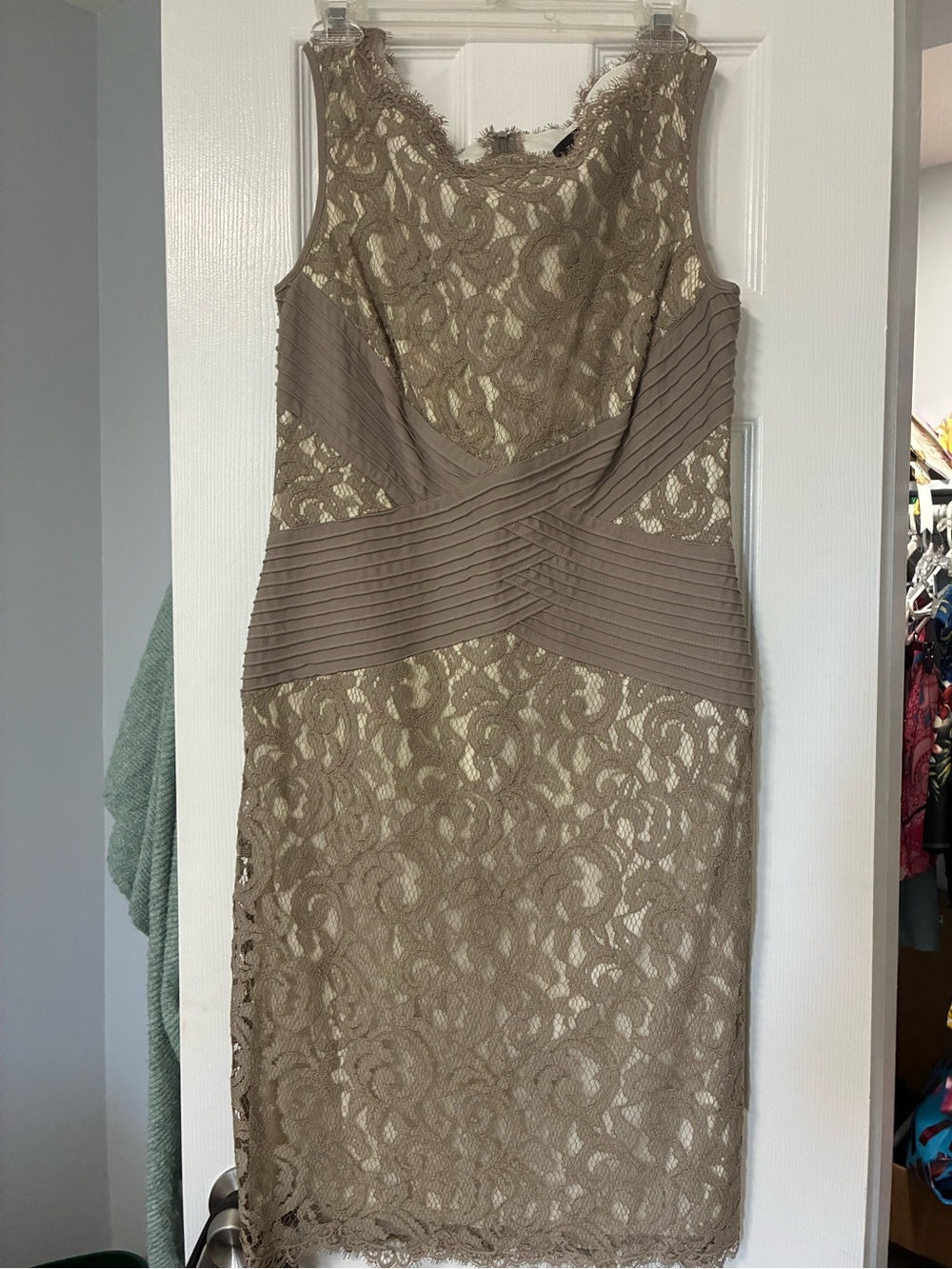 Tadashi Shoji Taupe Lace Midi Dress with Scalloped Trim
